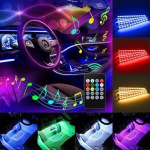 Home 18 Universal Car LED Strips with 8 multi-color modes installed under a car dashboard, showcasing vibrant interior lighting with wireless remote control and music sync functionality.