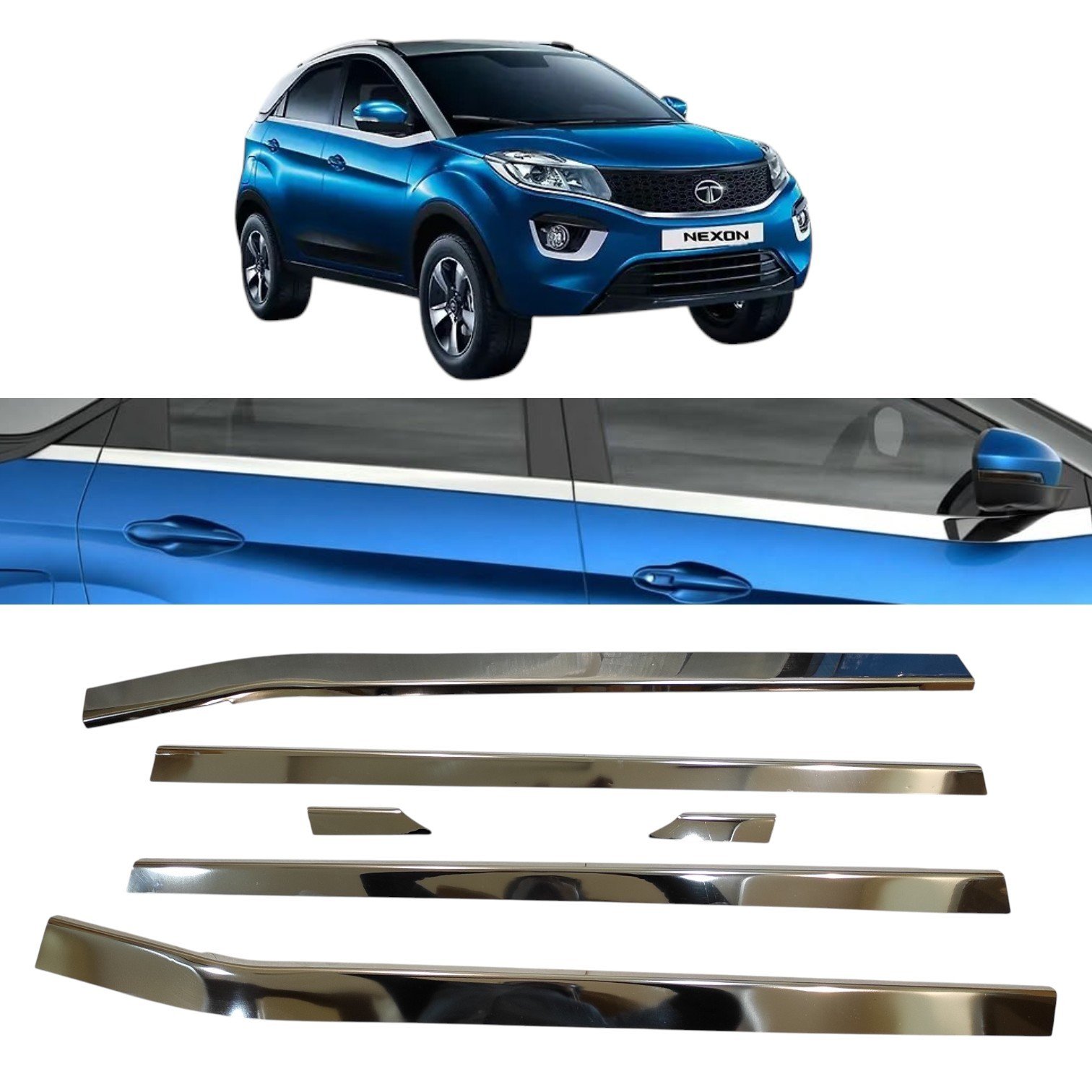 Chrome Lower Window Garnish for Tata Nexon 2017-2023 (S.S / Set of 6Pcs) Exterior Styling