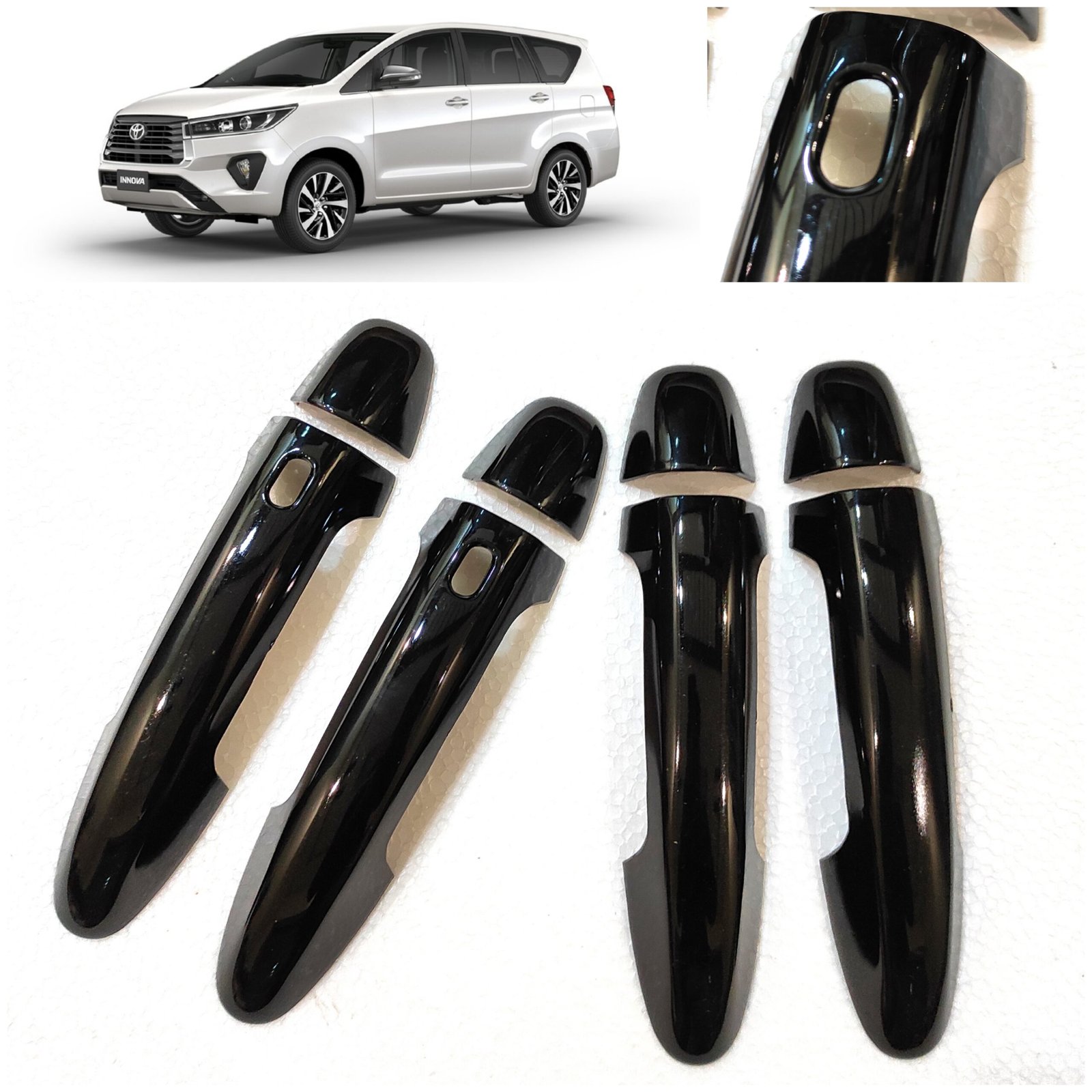 Innova Crysta Gloss Black Door Handle Sensor Cut Catch Covers (Set of 8Pcs) Premium super black chrome glossy finish sensor cut door handle cover for toyota innova crysta – set of 9pcs premium accessories