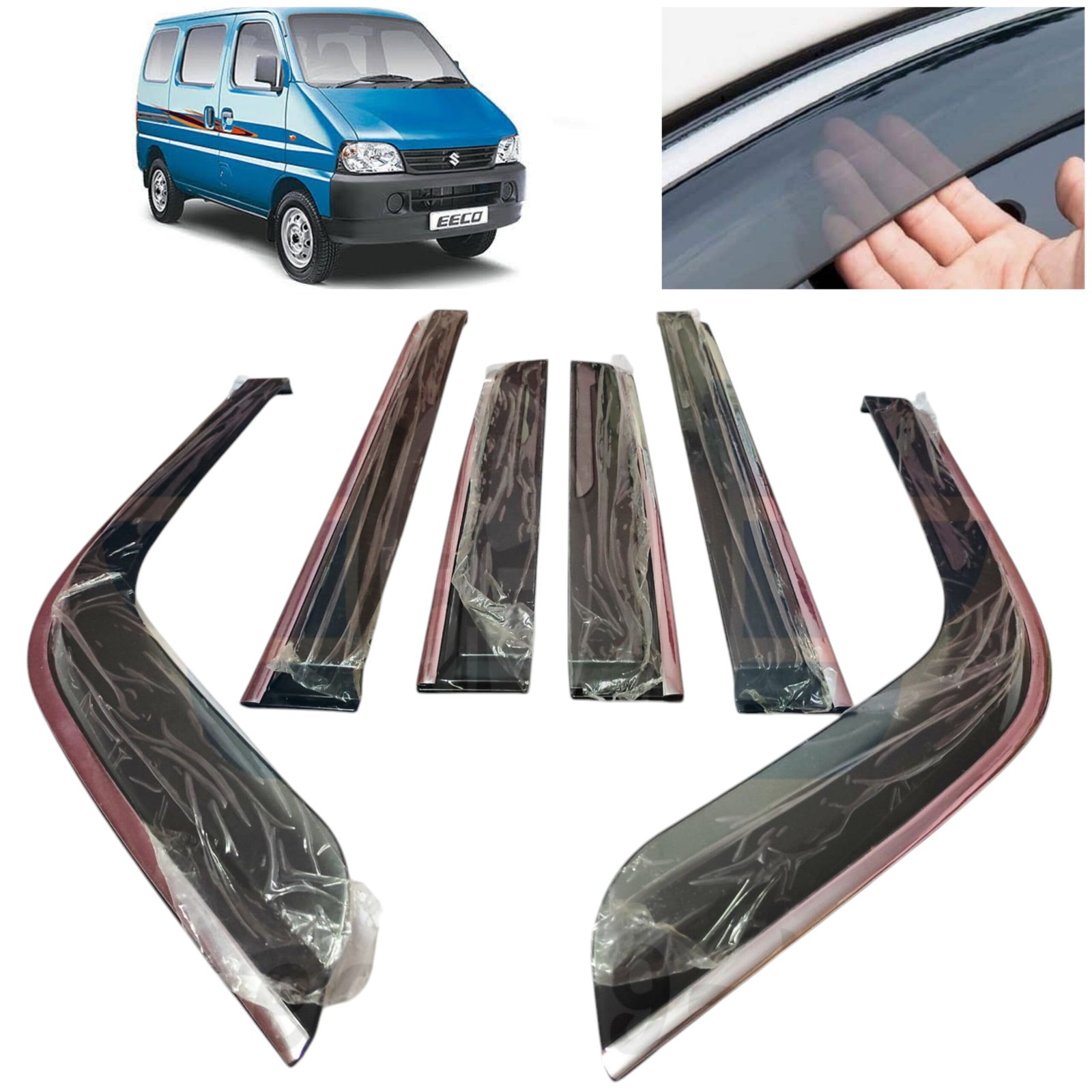 Premium Car Door Visor for Maruti Suzuki Eeco (Set of 6) | Heavy-Duty Rain Guard & Wind Deflector with Chrome Trim
