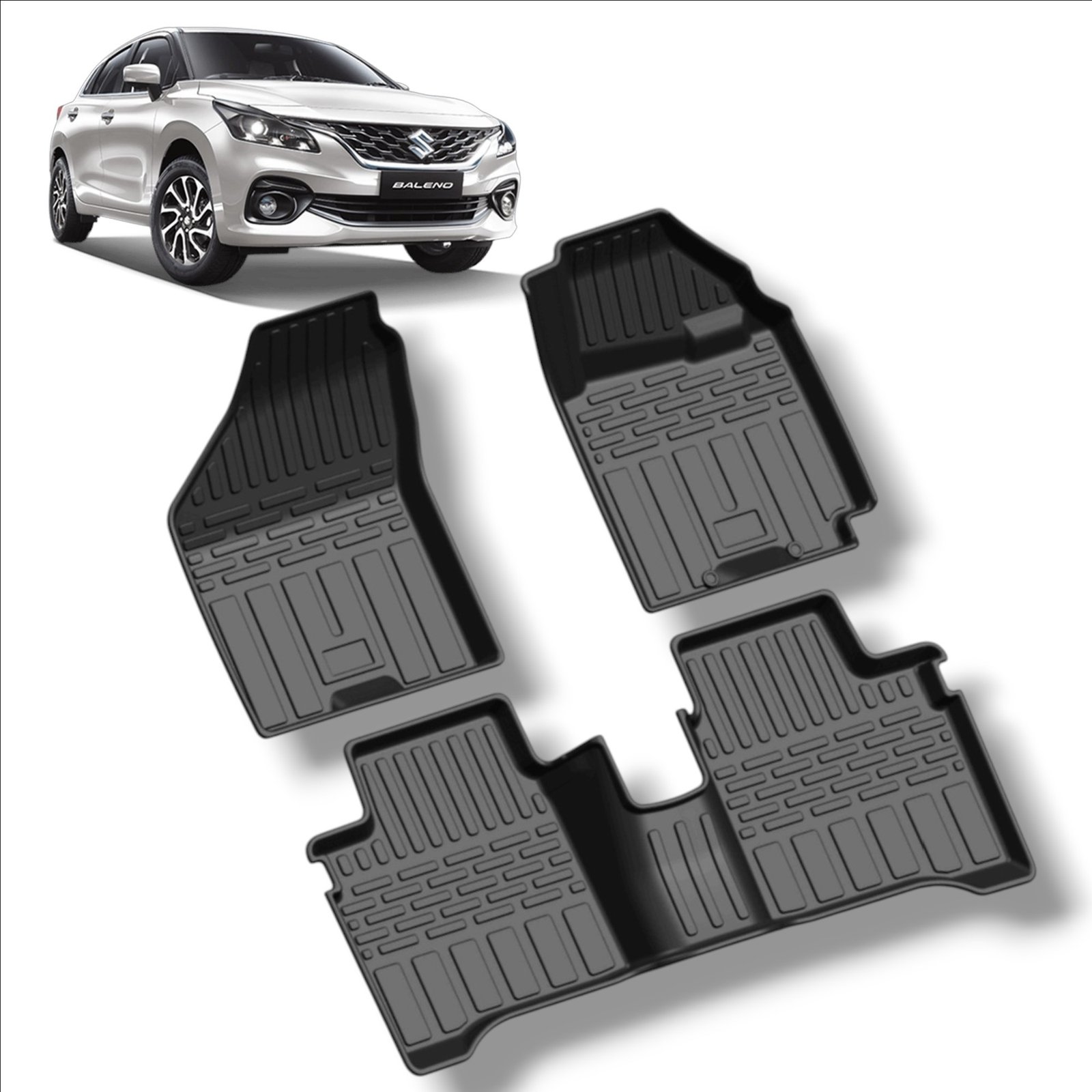 Premium Floor Mats for Maruti Suzuki Baleno (2015-Present) – 3D TPE All-Weather Custom Fit, Anti-Slip, Waterproof (Black) Set of 3P