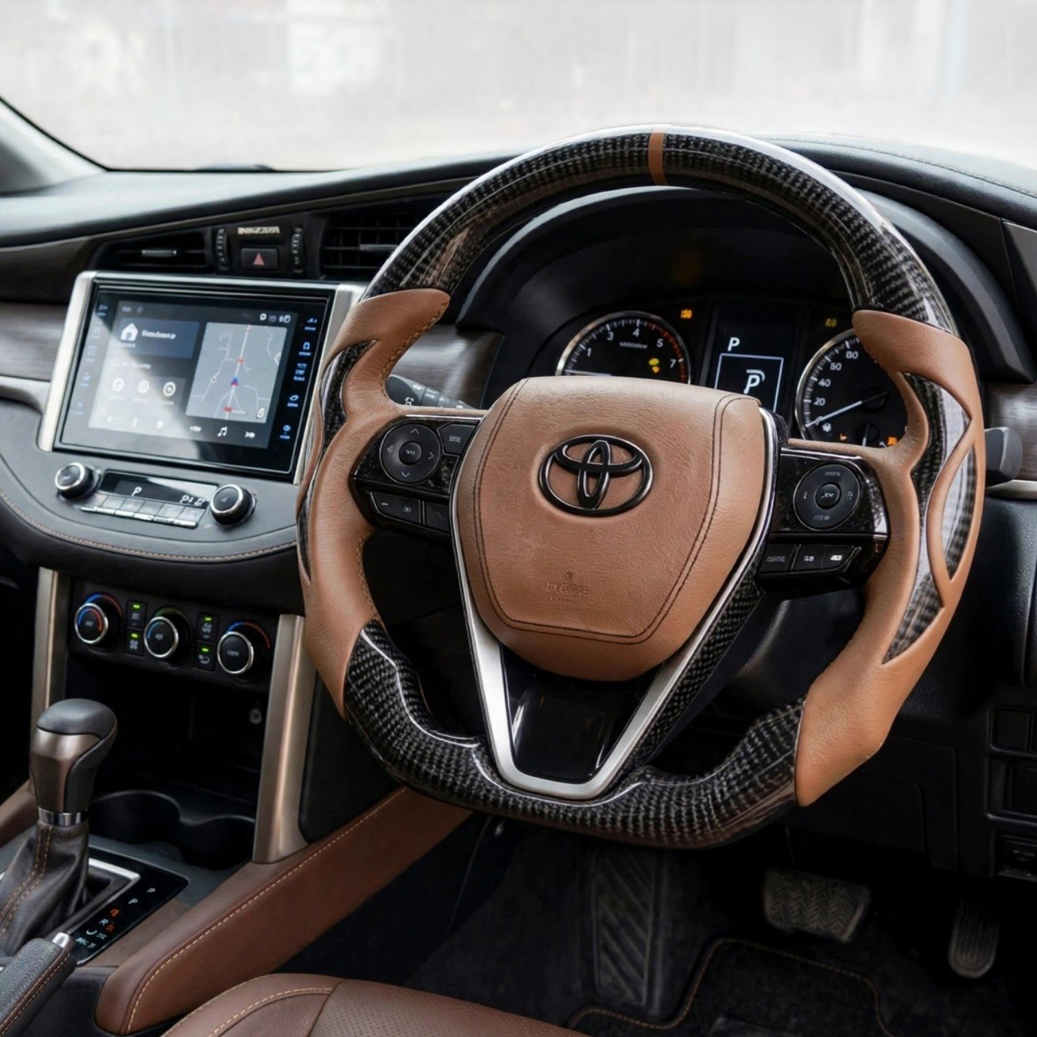 Steering Wheel for Toyota Innova Crysta (2016+) - Premium Carbon Fiber & Brown Leather | Speed 99~RPM - Image 2