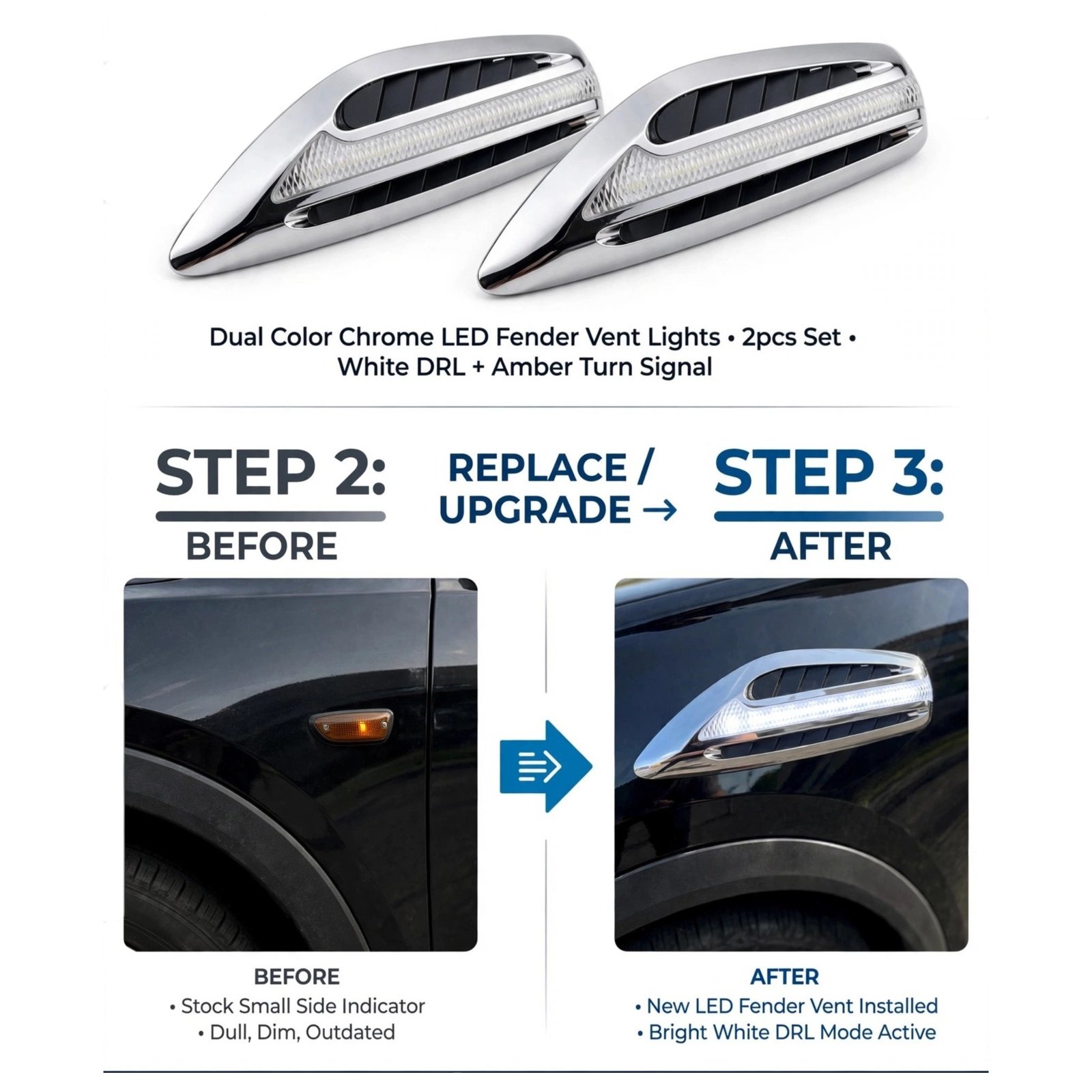 Universal Fit for Car Fender Vent Indicators Dual Color LED With Chrome - 100% Plug & Play | Premium - Image 2