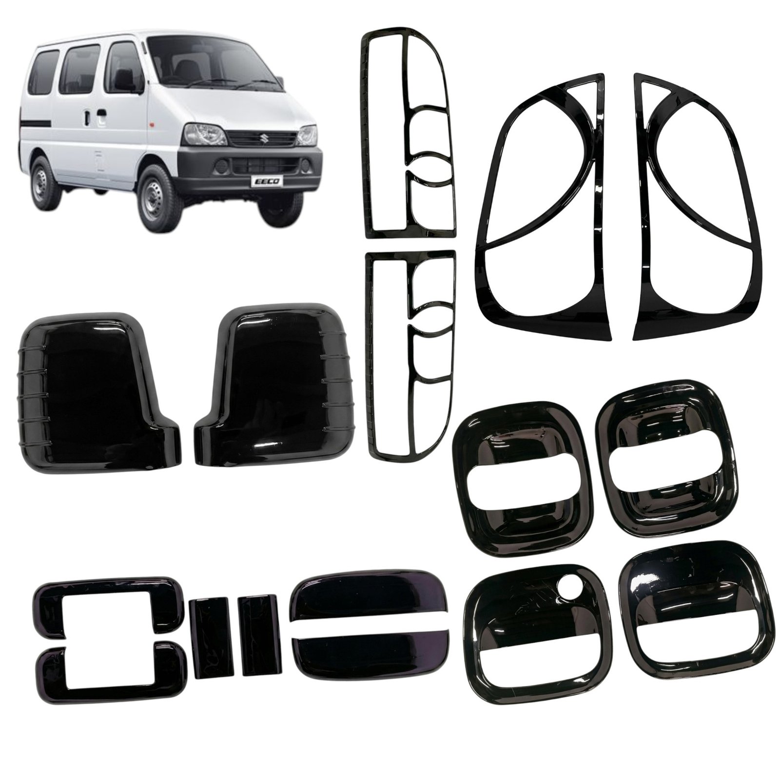 Black Glossy Finish Combo Kit for Maruti Eeco – Premium (5-Items / 16-Pieces) Exterior Garnish